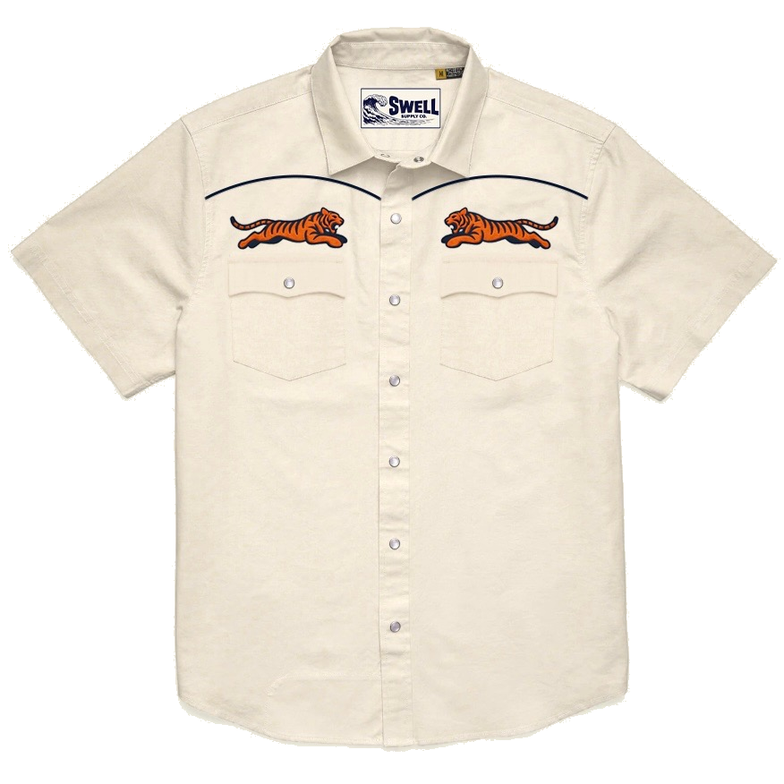 Product rendering of the cream Flying Tiger Pearl Snap shirt.