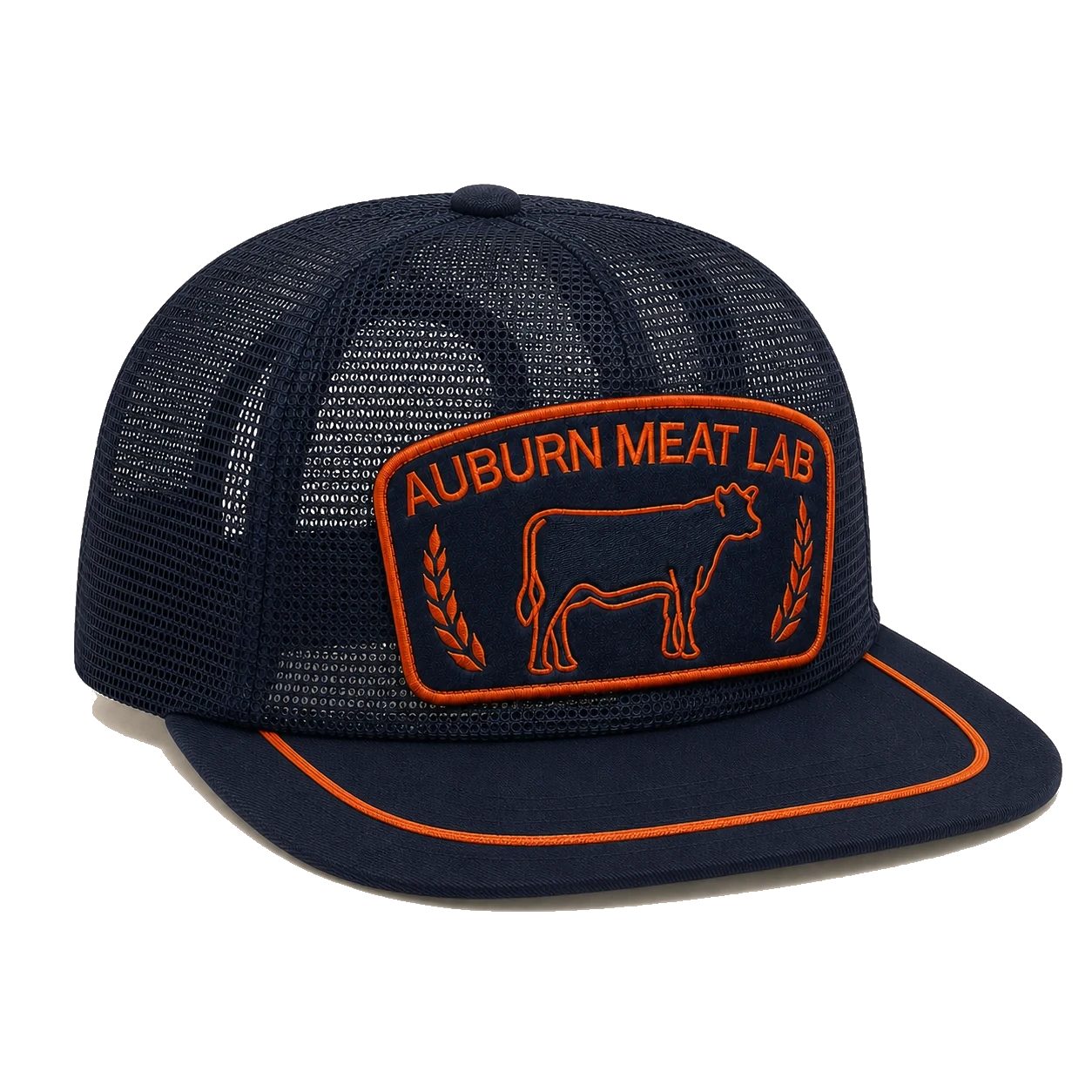 Navy and orange Auburn Meat Lab all-mesh snapback cap.