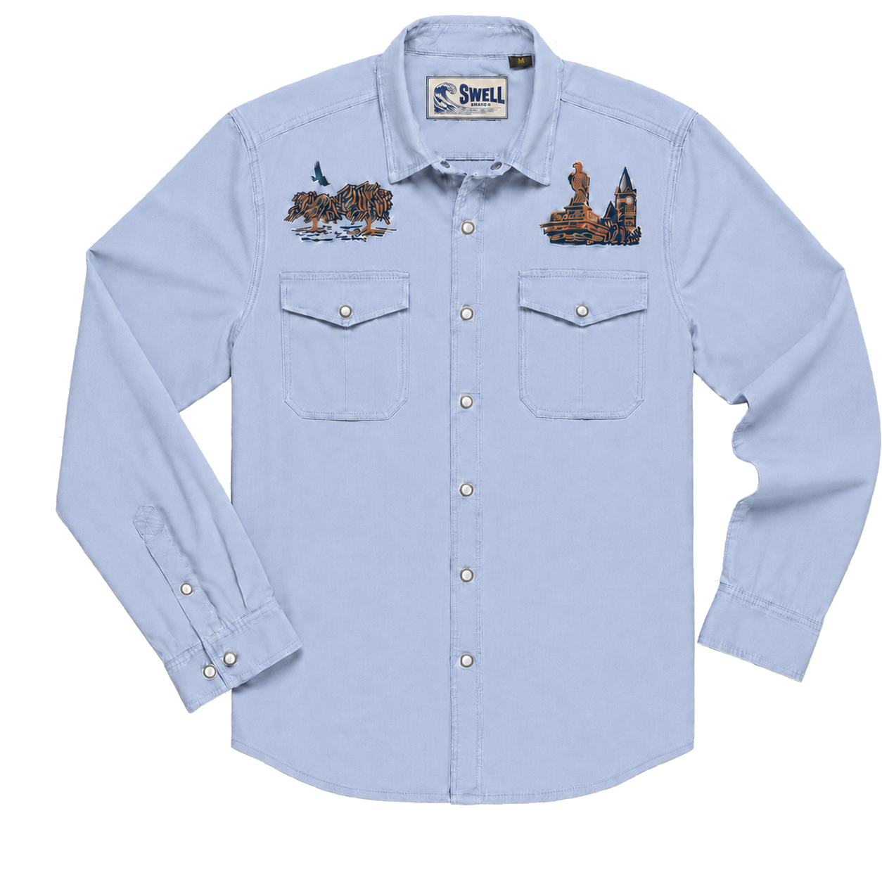 Light blue long-sleeve pearl-snap shirt with Auburn-inspired embroidery.