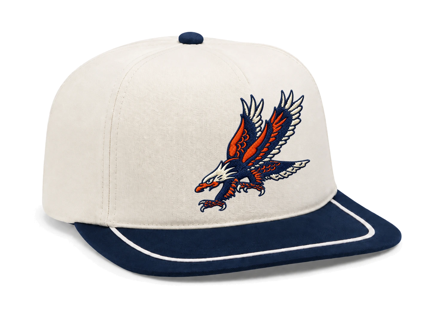 Cream and navy five-panel Raptor Performance Hat with embroidered eagle artwork.